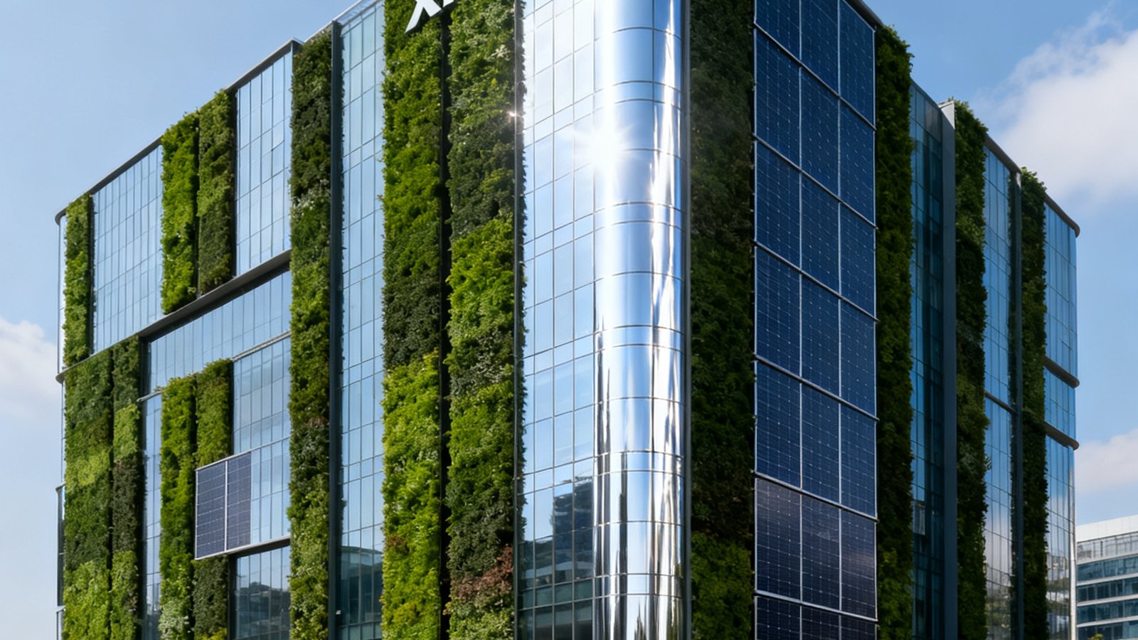 XPJ集团深圳总部创新大厦外景，建筑外立面覆盖垂直绿化与光伏玻璃幕墙，展现科技与生态融合的企业形象
