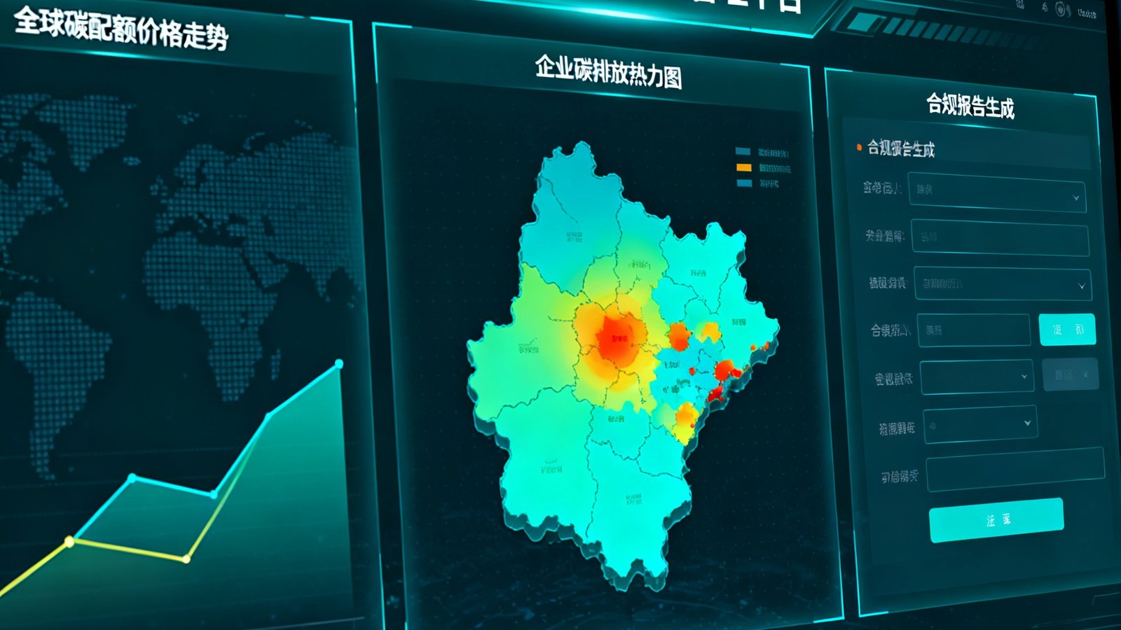 CarbonWise碳资产管理平台数据大屏，实时显示全球碳配额价格走势、企业碳排放热力图及合规报告生成界面