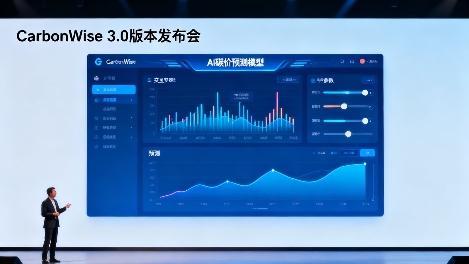 CarbonWise 3.0版本发布会的产品演示环节，大屏幕上展示AI碳价预测模型的交互界面