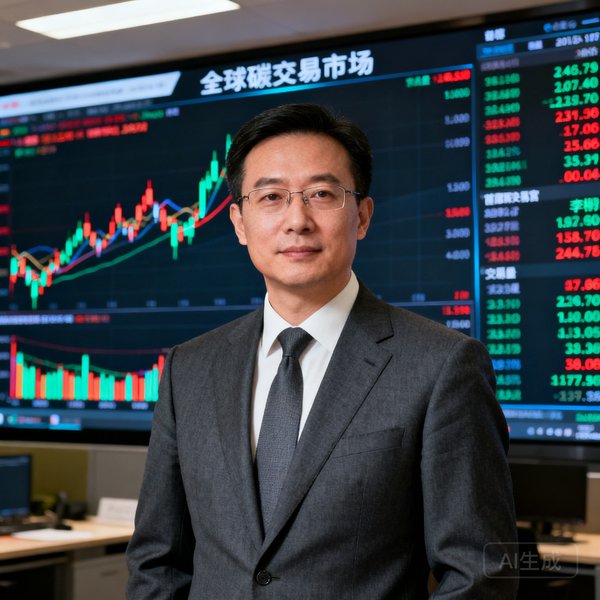 首席财务官李铮的商务照，深灰色西装，背景为全球碳交易市场数据大屏
