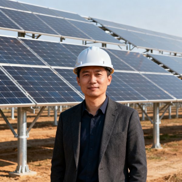 首席运营官王思远的现场工作照，戴着安全帽站在光伏电站阵列中，身后是成排的太阳能板